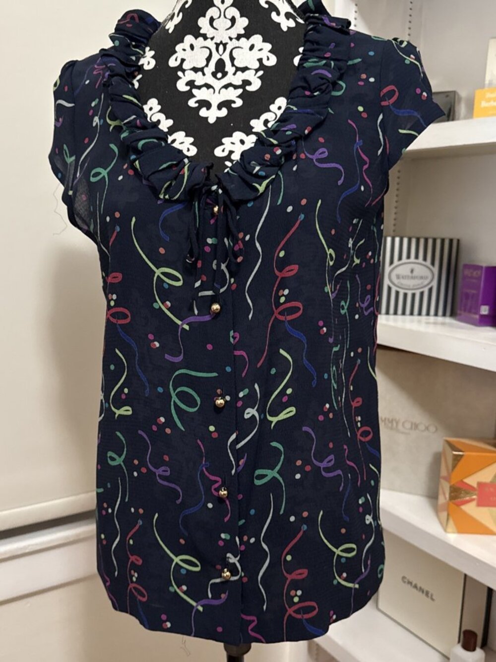 Kate Spade New York 100% Silk confetti Print Short Sleeve Blouse Navy colorful M